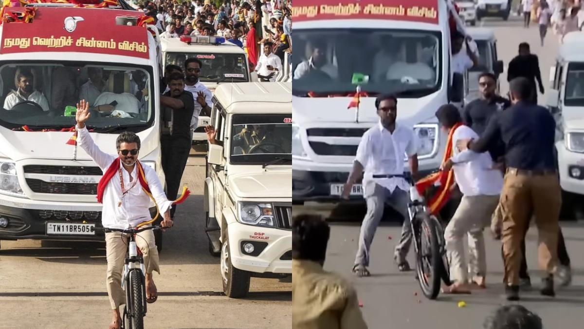 Thalapathy Vijay Jumps Off Bicycle in Panic as Fan Throws Flowers—Security Rushes Thinking It's a Bomb! Viral Video from Kanyakumari Rally
