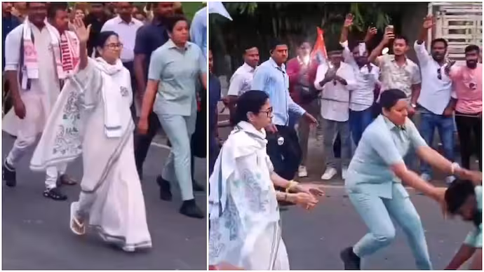 जलपाईगुड़ी पदयात्रा के दौरान एक व्यक्ति ने सुरक्षा घेरा तोड़कर ममता बनर्जी के पैर छूने की कोशिश की, जिससे ममता घबरा गईं और उन्होंने अपना सीना पकड़ लिया – वायरल वीडियो से सुरक्षा को लेकर चिंताएं बढ़ीं!