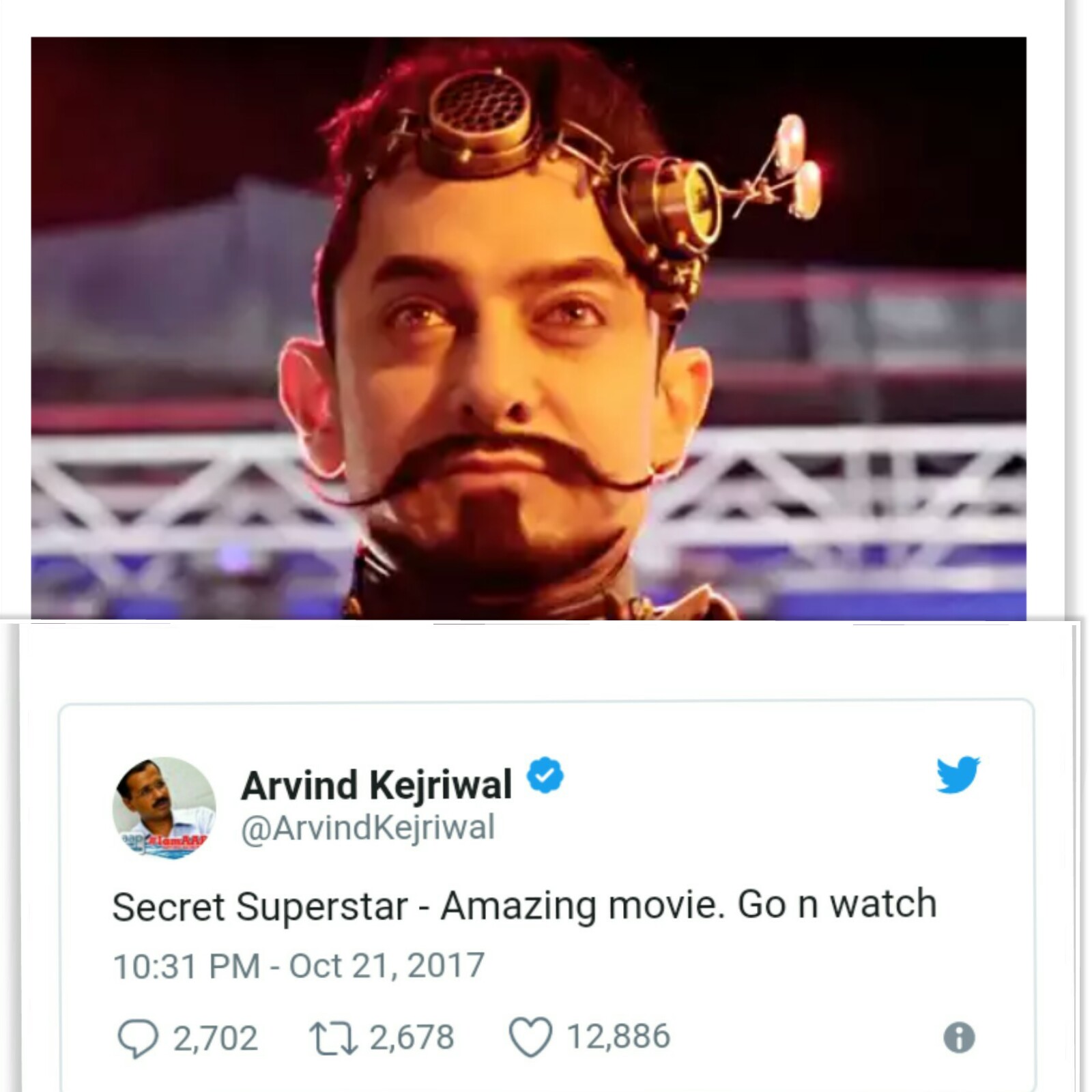 Kejriwal tweeted, “Secret Superstar – Amazing movie. Go n watch